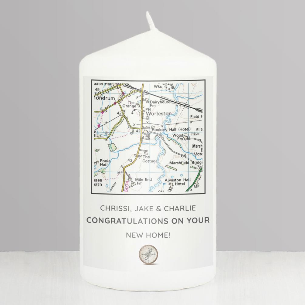 Personalised Present Day Map Compass Pillar Candle Extra Image 1